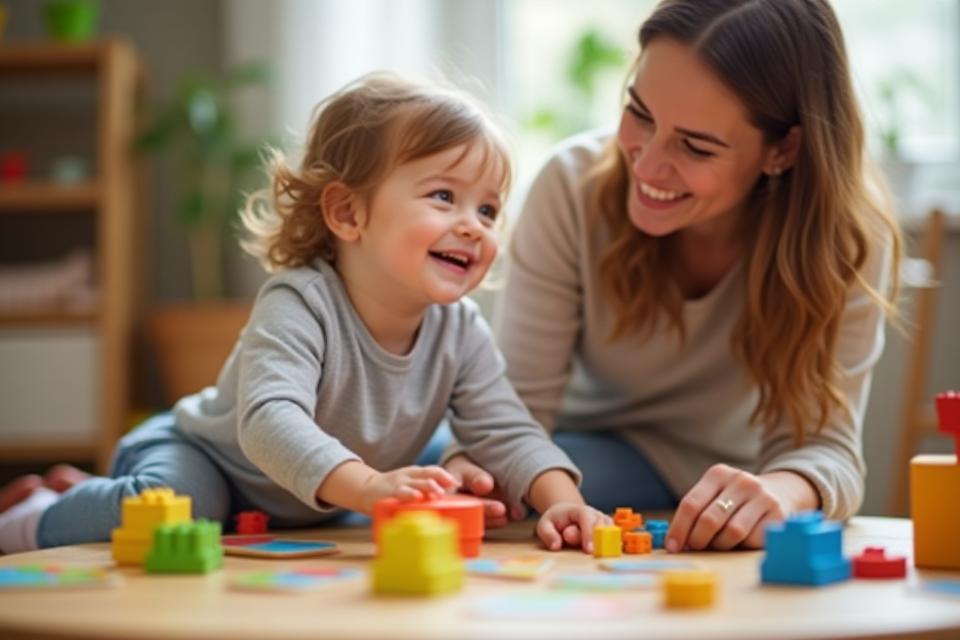 Happy child interacting positively with a friendly speech therapist during a play-based therapy session